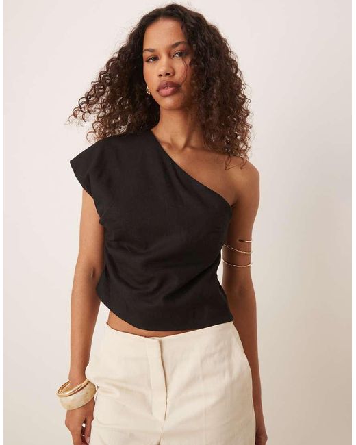 Mango Black One Shoulder Cinched Waist Top