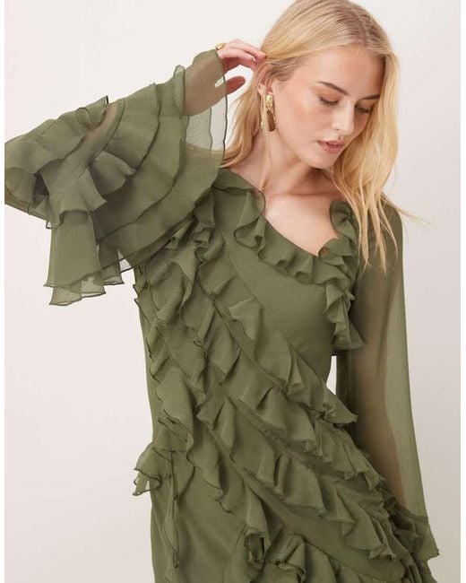 ASOS Green Asos Design Tall Chiffon Long Sleeve Asymmetric Tiered Soft Ruffle Maxi Dress