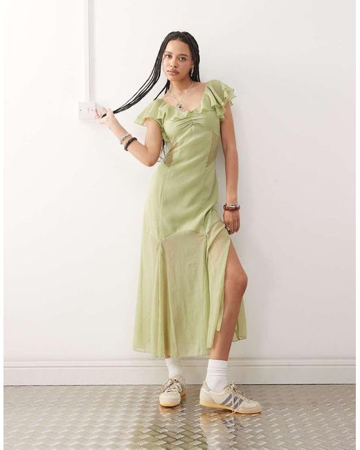 Reclaimed Vintage Natural Midi Tea Dress With Lace Panels And Flutter Sleeves