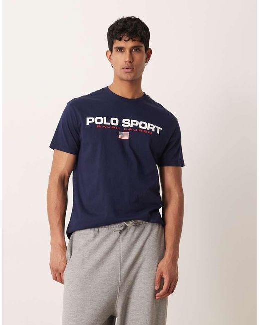 Polo Ralph Lauren Blue Sport Flag Logo Chest Print T-shirt Classic Fit for men