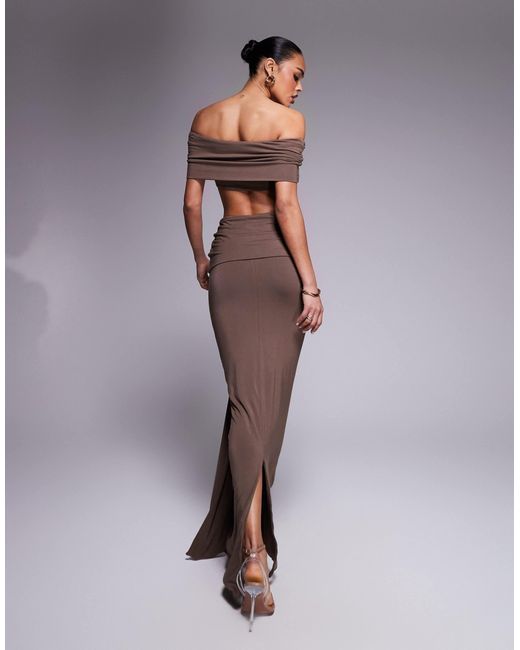 Wanderdoll Brown Belle Ruched Bardot Top And Maxi Skirt Set With Corsage Drape Detail