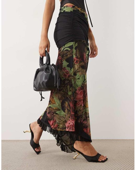 ASOS Natural Co-Ord Printed Mesh Asymmetric Midi Skirt