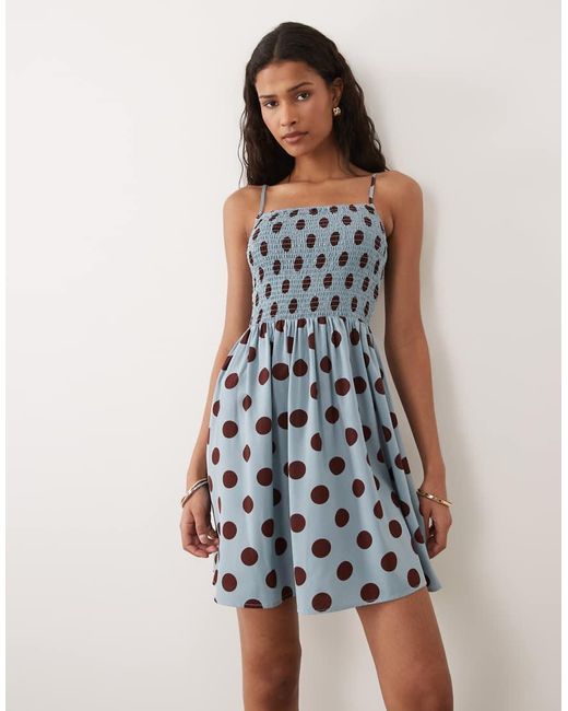 Brave Soul Natural Polka Dot Mini Dress With Shirred Bodice