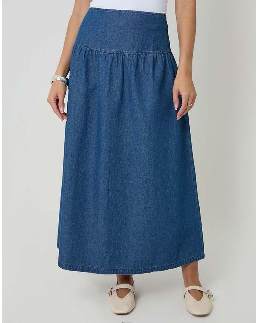 Threadbare Blue Dropped Waist Denim Maxi Skirt
