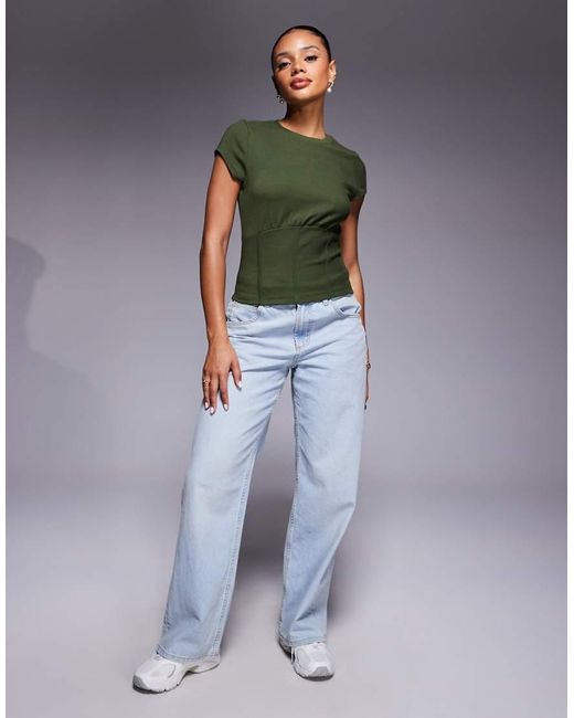 ASOS Green Fine Rib Short Sleeve Top With Corset Waist