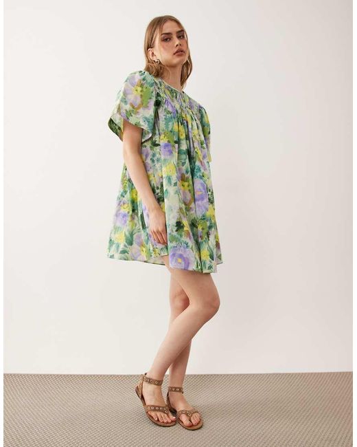 ASOS Natural Crew Neck Shirred Smock Mini Dress