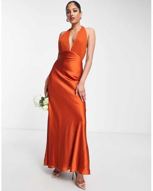 ASOS Bridesmaid Soft Pleated Bodice Maxi Dress With Satin Skirt in Red |  Lyst Australia