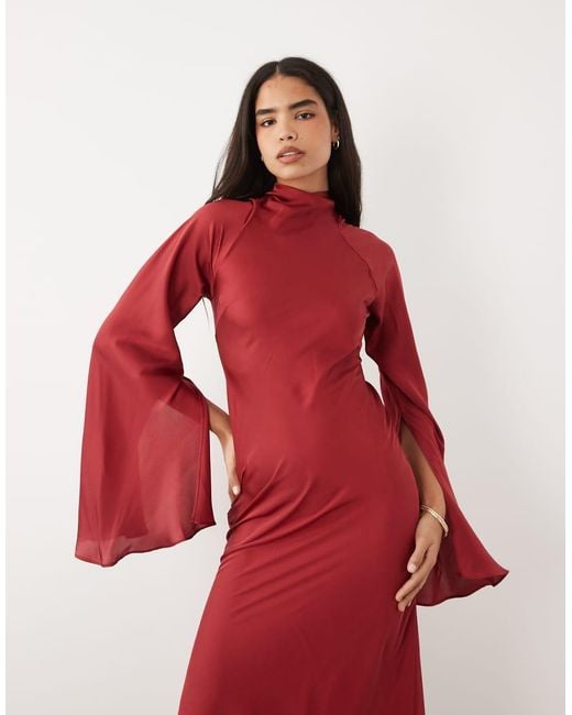ASOS Red Satin Maxi Dress With Split Sleeve And Scarf Detail