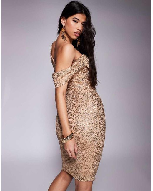 Goddiva Purple Sequin Cowl One Shoulder Midi Dress