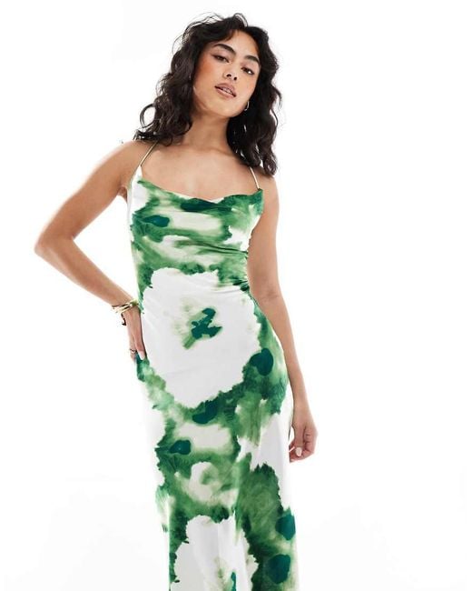 Object Green Satin Low Cross Back Maxi Slip Dress