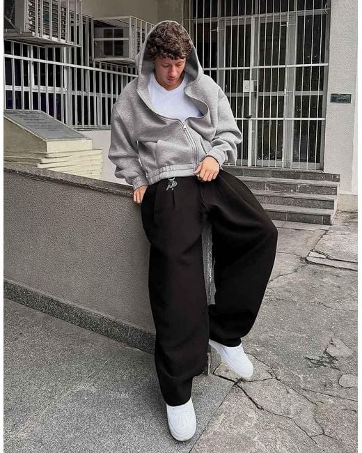 Bershka Black Pleated semi-jogger Super baggy Trousers for men