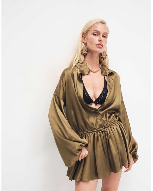 ASOS Natural Satin Funnel Neck Romper