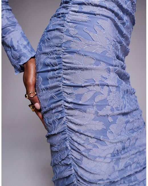 ASOS Blue Devore Long Sleeve Ruched Maxi Dress
