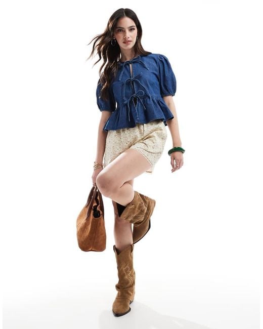 New Look Blue Denim Tie Front Top