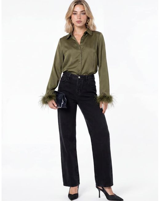 Lovedrobe Green Feather Cuff Satin Shirt