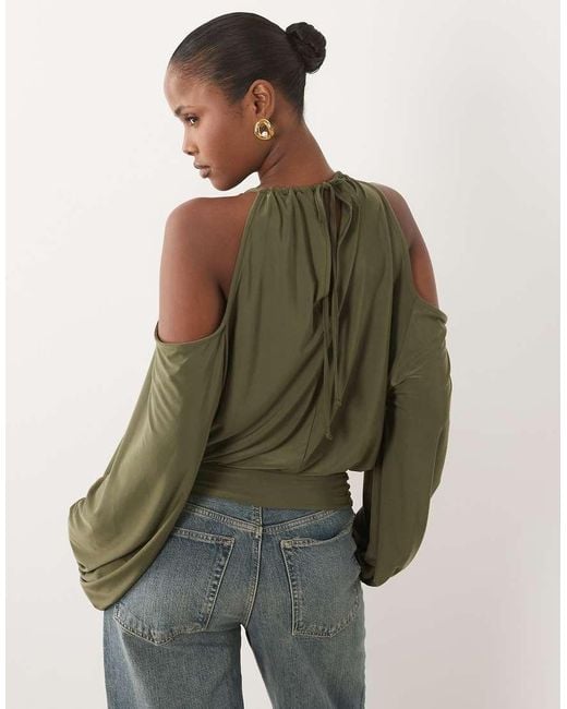 ASOS Green Slinky Cold Shoulder Blouson Top With Balloon Sleeves
