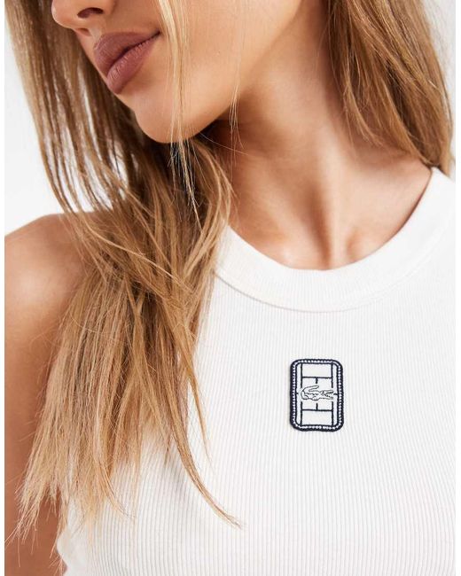 Lacoste White Central Logo Ribbed Singlet Top