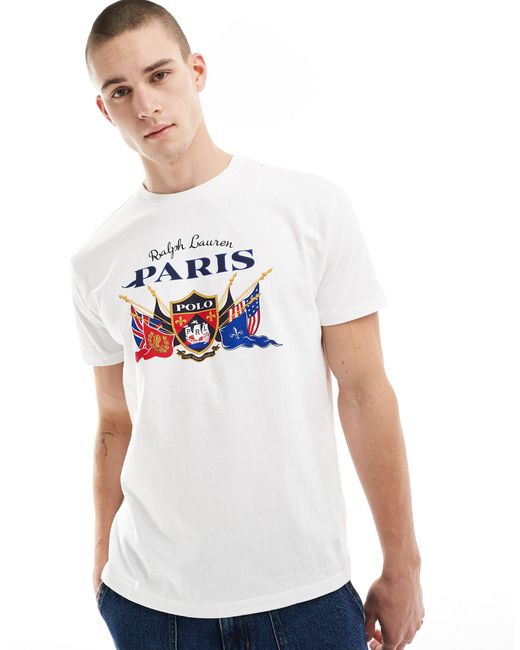 Camiseta blanca con estampado "paris" con logo y escudo Polo Ralph Lauren de hombre de color White