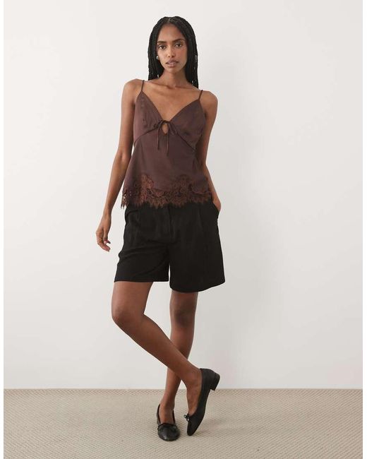 Abercrombie & Fitch Brown Tie Front Lace Trim Satin Cami