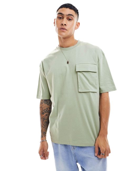 T-shirt oversize avec poche devant - délavé ASOS pour homme en coloris Green