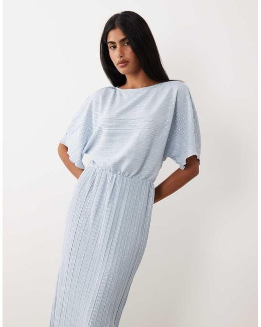 Y.A.S Blue Plisse Waisted Midi Dress With Silver Foil Spot Print