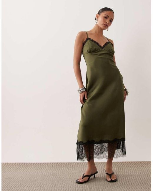 New Look Green Lace Trim Strappy Satin Midi Dress