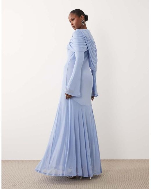 ASOS Blue Modesty Mesh Maxi Dress With Overlay Draped Neckline Detail