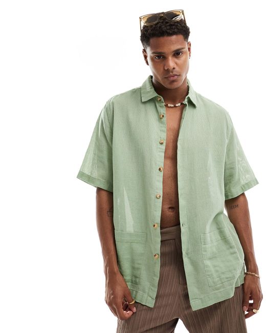 ASOS Green Relaxed Textured Shirt With Patch Pockets for men