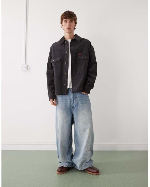 Prohibited Gray Long Sleeve Oversized Cord Overshirt for men