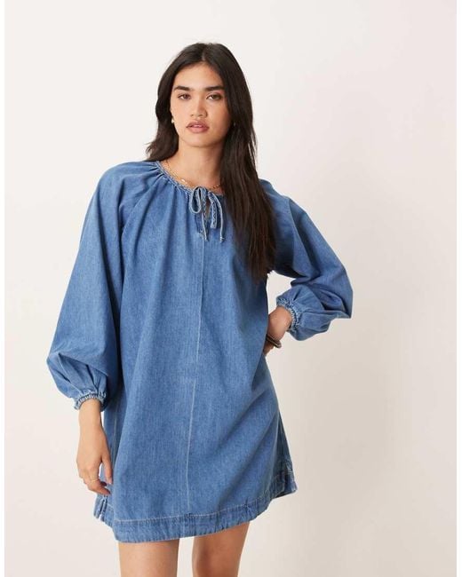 Vestido Vaquero Corto Vintage Con Mangas Globo De ASOS de color Blue