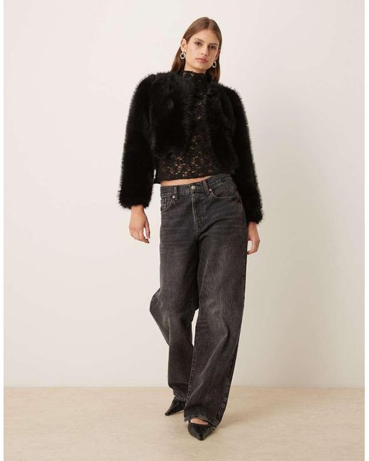 Mango Black Collarless Cropped Faux Fur Jacket