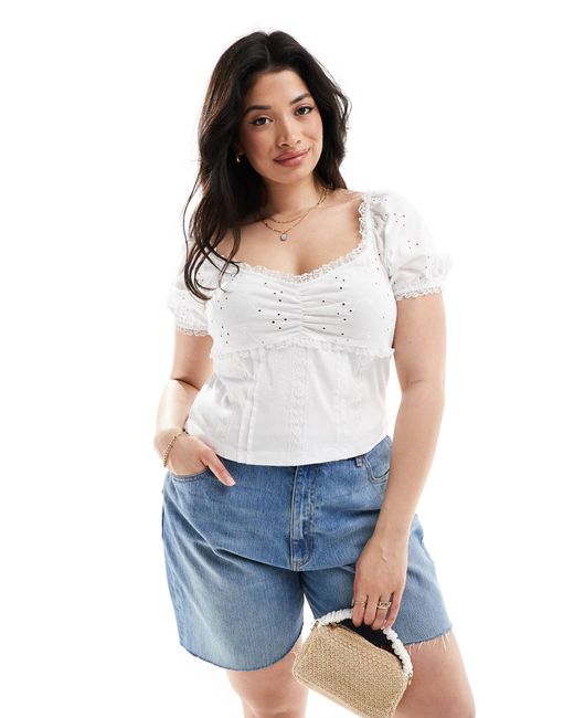 ASOS White Asos Design Curve Puff Sleeve Broderie Milkmaid Top