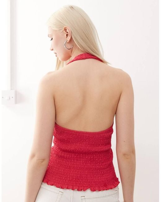 Reclaimed Vintage Halter Neck Plunge Detail Shirred Top
