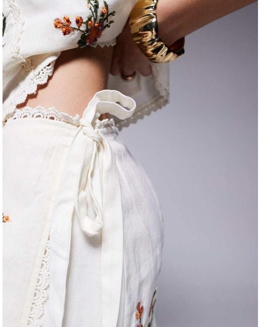River Island White Embroidered Linen Wrap Skirt Co Ord