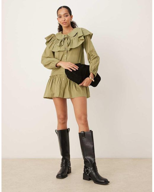 Neon Rose Green Ruffle Collar Smock Dress