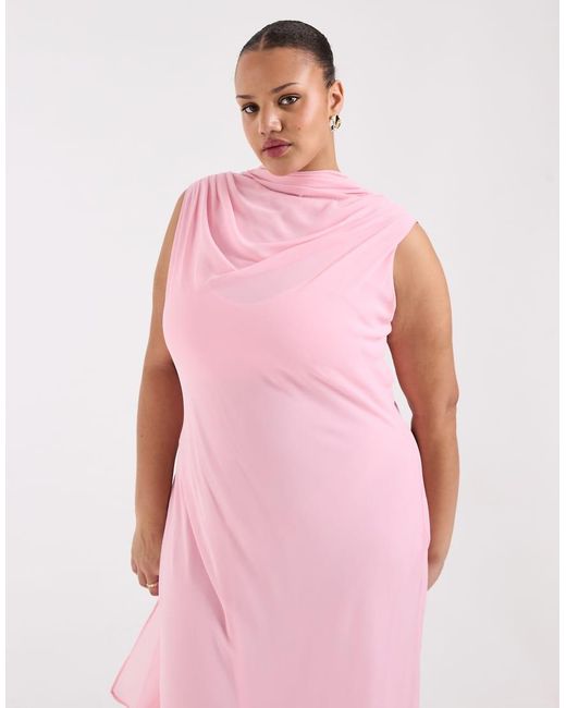 Tfnc Plus Pink Bridesmaids High Neck Chiffon Maxi Dress With Scarf