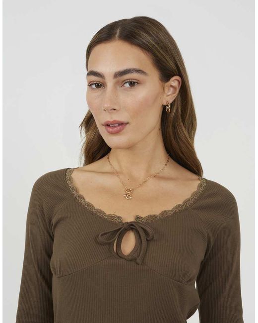 Brave Soul Brown Ribbed Long Sleeve Top With Lace Trim