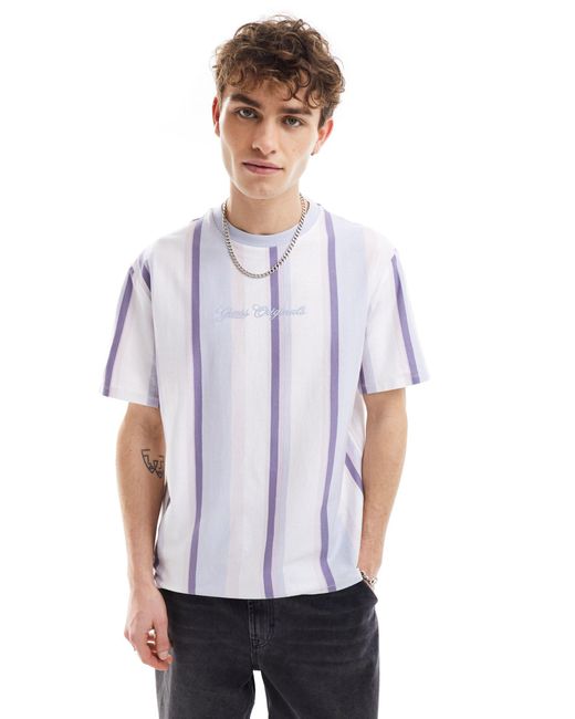 Camiseta morada y blanca extragrande a rayas verticales unisex Guess de color White