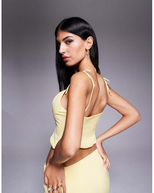 Oh Polly Yellow Pippa Lace Trim Plunge Crop Top Co-Ord