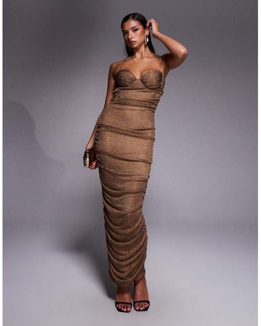 JLUXLABEL Brown Metallic Bustier Gold Strap Open Tie Back Maxi Dress
