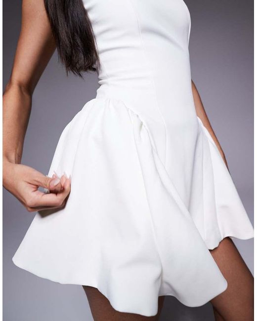 Wanderdoll White Sabrina Tailored Square Neck Structured Side Pleat Mini Dress