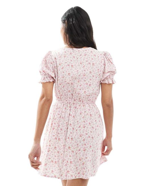 Miss Selfridge Pink Printed Spun V Neck Mini Tea Dress