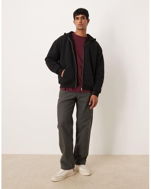 ASOS Black Relaxed Zip Through Hoodie With Borg Lining for men