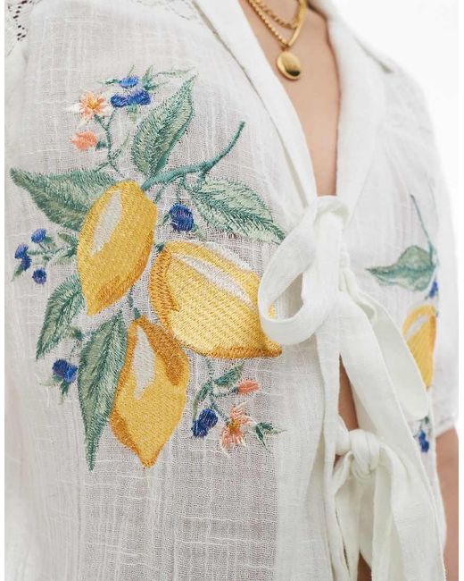 ASOS White Lace Insert Shirt With Lemon Embroidery Detail