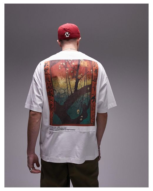 Camiseta blanca extragrande con estampado "flowering plum orchard" en colaboración con van gogh museum Topman de hombre de color White