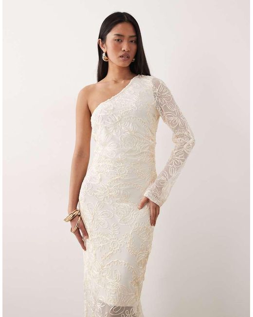 Y.A.S Natural One Shoulder Maxi Dress With Satin Embroidery