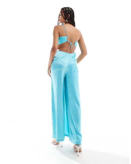 ASOS Blue Satin Chiffon Mix Cut Out Wide Leg Jumpsuit
