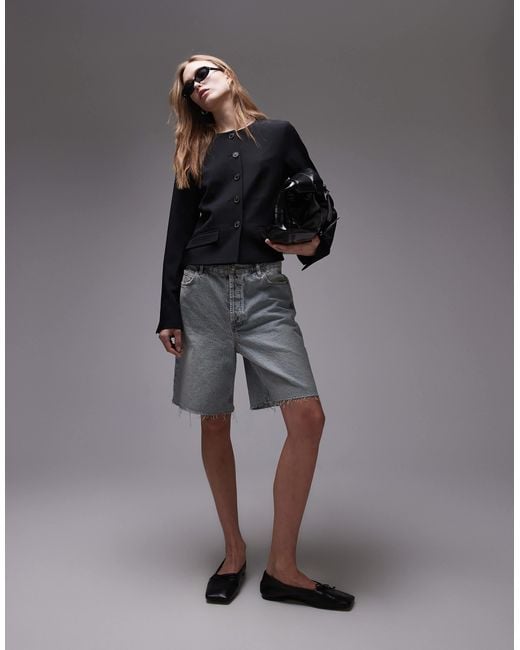TOPSHOP Gray Round Neck Collarless Blazer