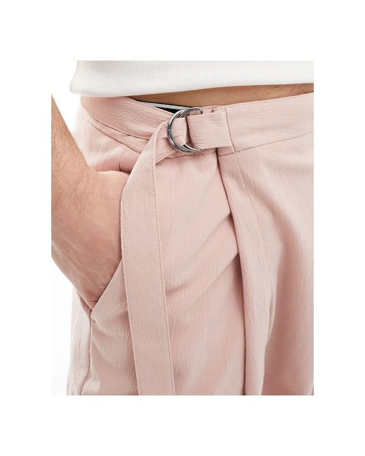 ASOS Pink Smart Linen Blend Wide Leg Trousers With Asymmetric Wrap for men