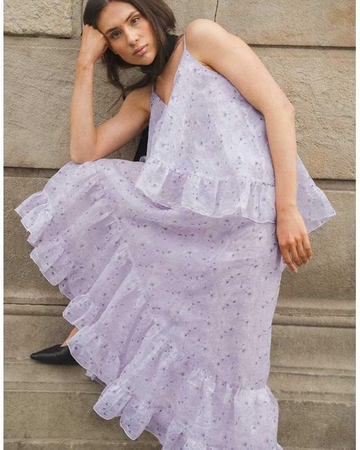 NA-KD Purple Organza V Neck Volume Maxi Dress